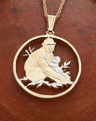 Monkey Pendant and Necklace, Hand Cut Primate Coin, 1 1/4″ in Dia. ( # 946 )