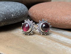 Garnet and Sterling Silver 8.5mm Flower Stud Earrings, January Birthstone