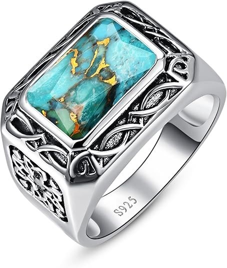 5CT Radiant Cut Teal Turquoise Ring Celtic Pattern – Size 12 – 925 Silver