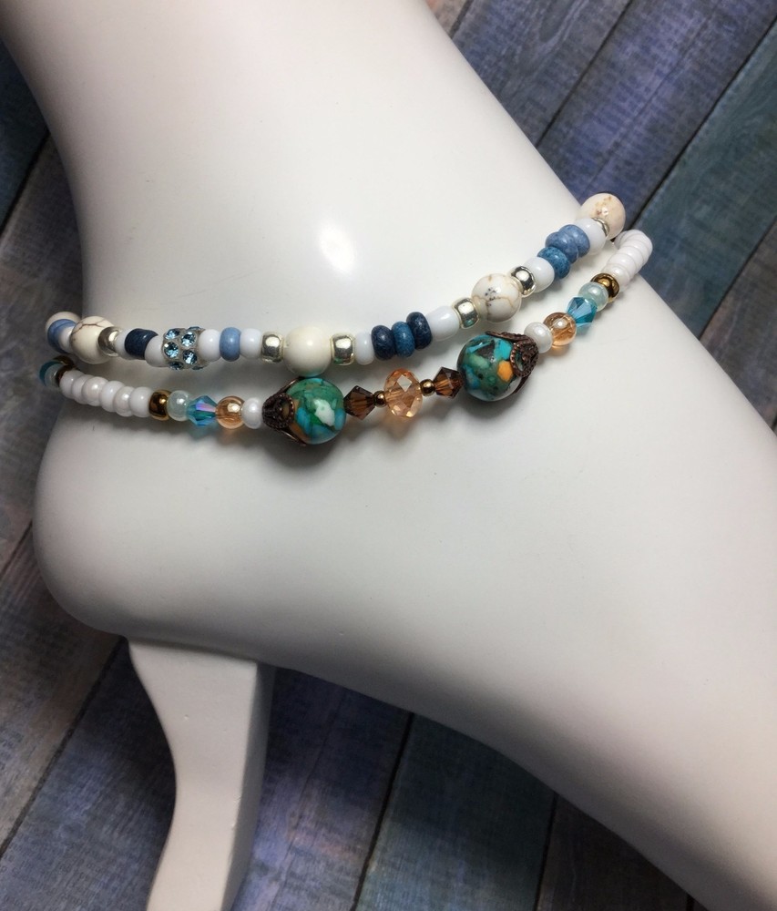 (2) Handmade Howlite Turquoise Anklet/Ankle Bracelets W/Swarovski Elements USA
