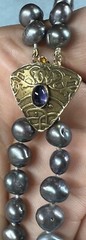 Gray Pearl Double Strand Necklace Sterling Gold Wash Ornate Clasp Amethyst 16”