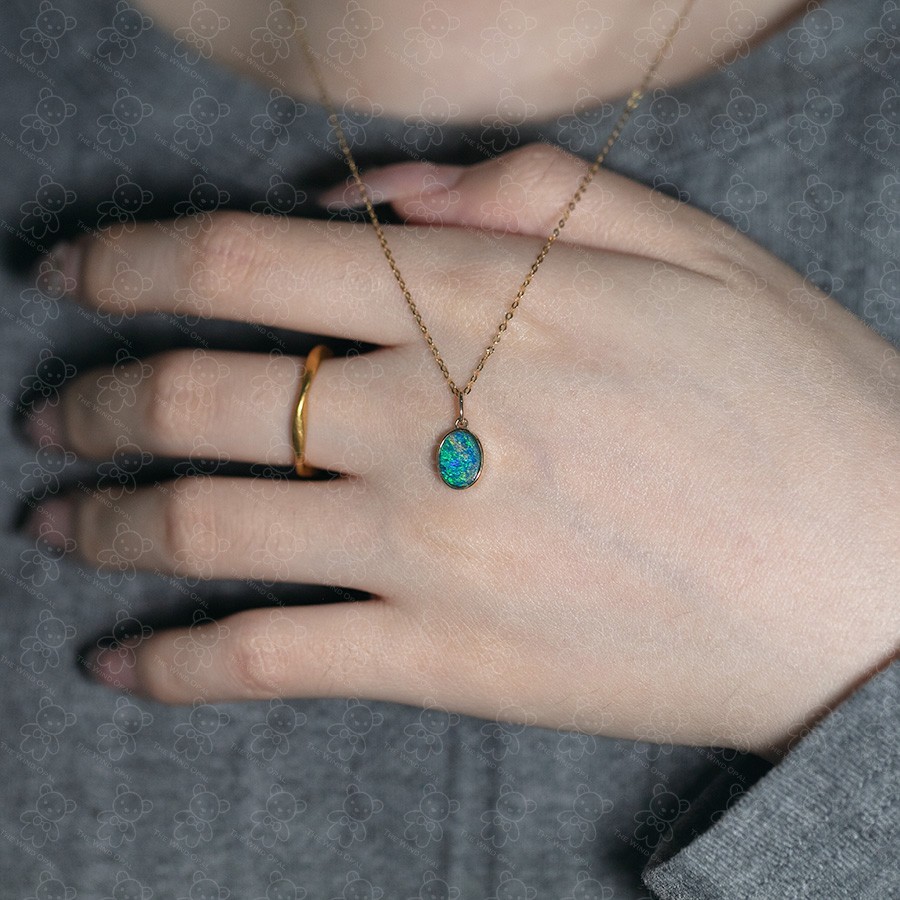 Oval Natural Australian Doublet Opal Pendant Necklace 14k Yellow Gold