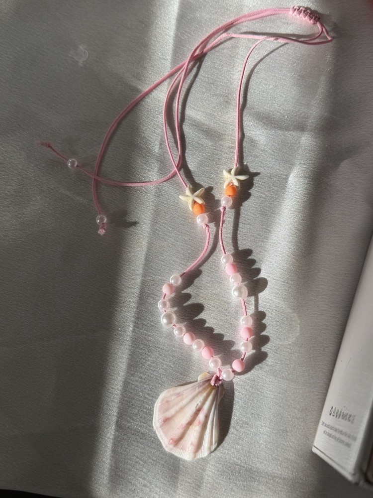 Handmade Pink Shell Pendant Beaded Necklace Adjustable Cord Beach Bohemian