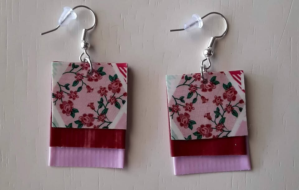 Prairie Patchwork Hexagon earrings duct duck tape lightweight handmade