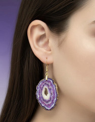 Med Faux Amethyst Geode Slice Polymer Clay Handmade Dangle Earrings SS Ear Wires