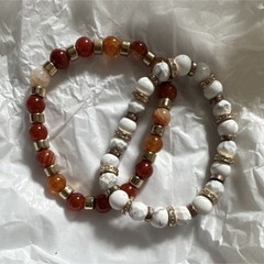 Beaded Stone Stretch Stackable Bracelets Set White Red Gold Round Multicolor