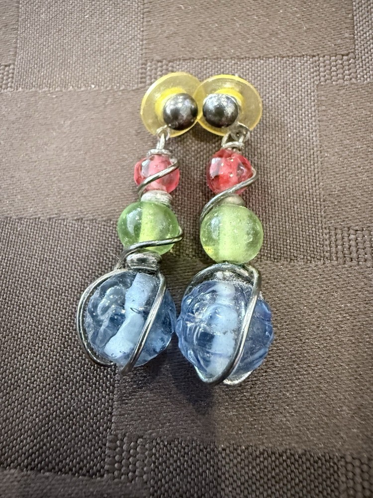 Handmade Wire Wrapped Glass Bead Drop Earrings – 15/8″P