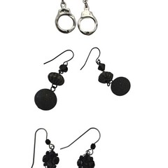 Three Pairs of Earrings Set Black Silver Handcuff Goth Beaded Dangle 3 Pairs