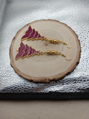 Handmade Dark Pink Christmas Tree Earrings With Gold Beads