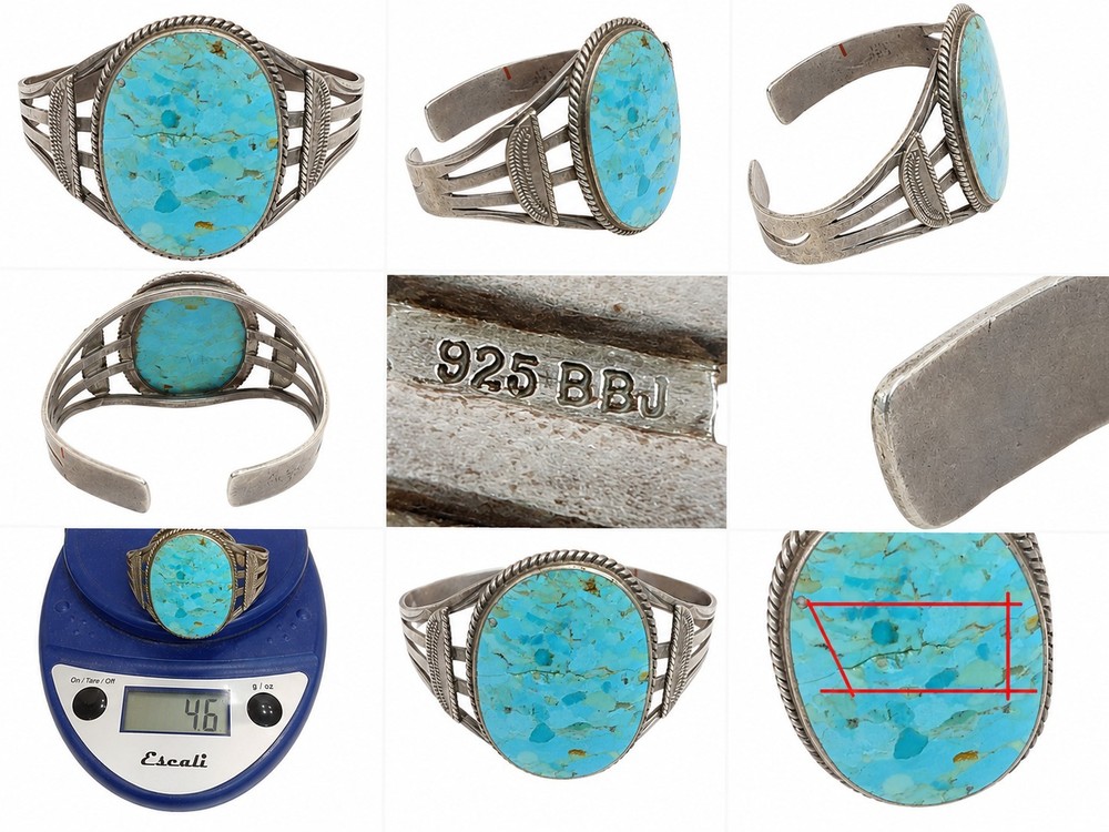 Signed BBJ 925 Sterling Turquoise Cuff Bracelet Large Stone-Crack On Stone