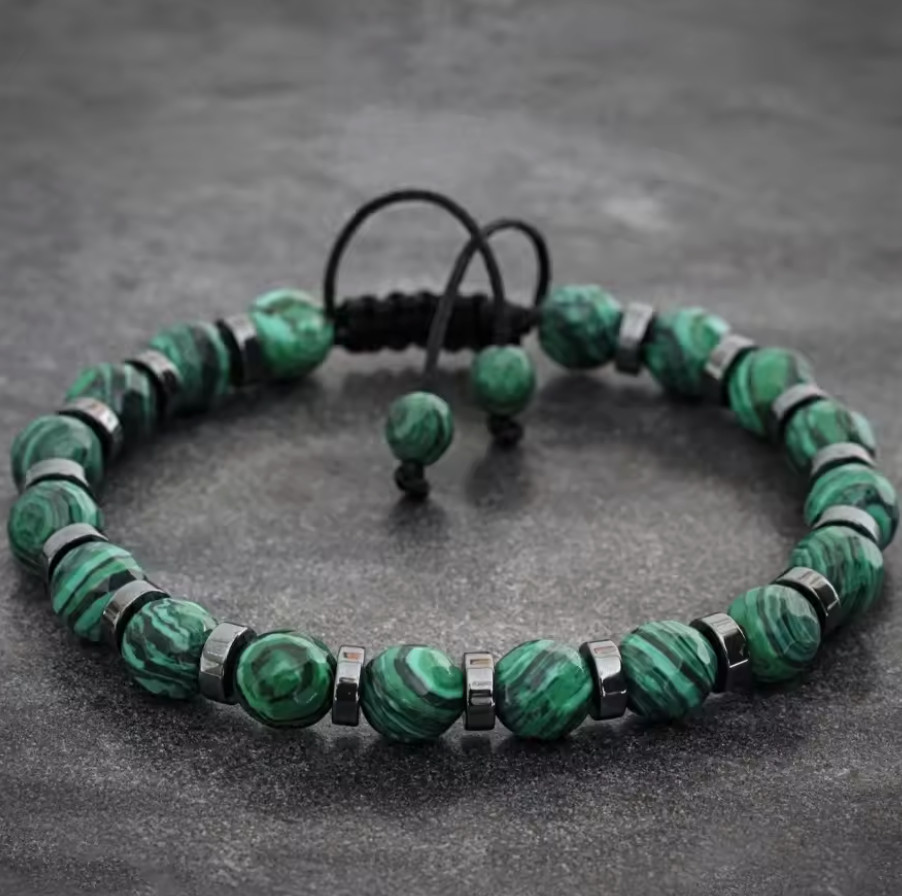 djustable Handmade Malachite Stone Bracelet Natural Healing Crystal Braided Rope