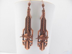Art Deco Bird Earrings Swallow Long Dangle Chandelier Antiqued Copper Brass