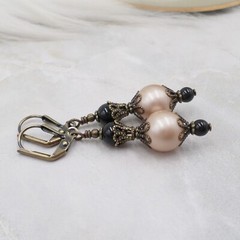 Handmade Champagne and Black Faux Pearl Victorian Style Filigree Drop Earrings
