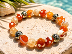 Handmade 10mm Orange Cloud Agate Gemstone & Tibetan Silver Bead Bracelet
