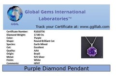 RARE 17 Ct Certified Purple Diamond Solitaire Pendant, Free Diamond Studs.