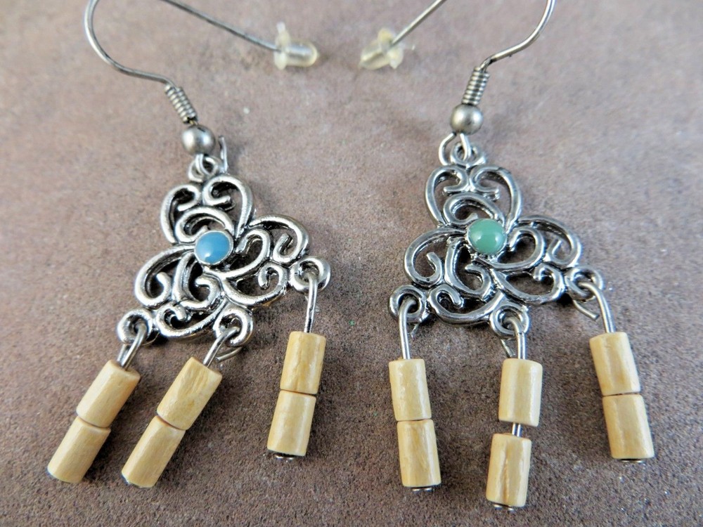 Vintage Teal Enamel & Tan Beads Silver-tone Chandelier Wire Hook Earrings #232