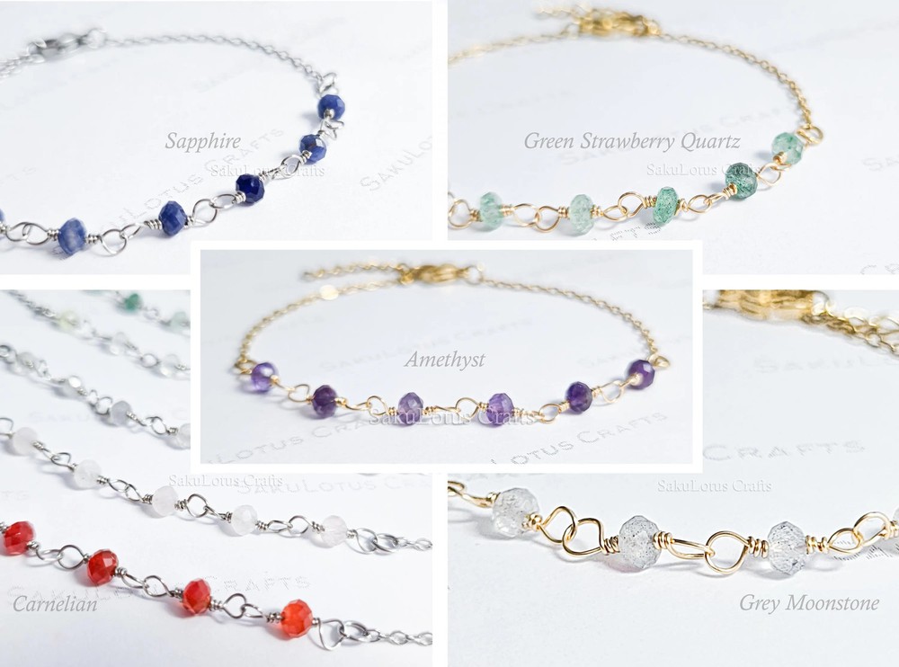 Dainty 3mm Natural Gemstone Bracelet 18K Gold Silver Steel Birthstone Gift Idea
