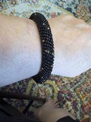 Glass Seed Beaded Handcrafted Black Gold Bangle bracelet S 7 3/4 In SKU B-101