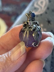 Artisan Signed Amethyst And Sterling Silver 925 Dolphins Seahorse Lapis Pendant