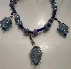 Blue Glass Bead Fish Statement Necklace Unique 15” Artsy Lobster Clasp Coastal