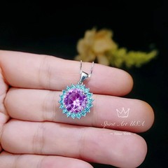 Round Pink Tourmaline Necklace – Aquamarine Halo Sunflower Style – 4 CT Pink