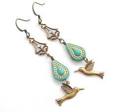 Humming Bird Earrings Turquoise Blue Glass Gift for Her Victorian Revival
