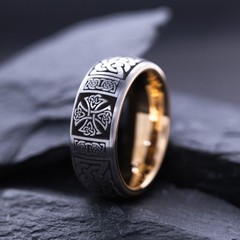 8mm Tungsten Carbide Ring with Celtic Cross and Rose Gold Plating