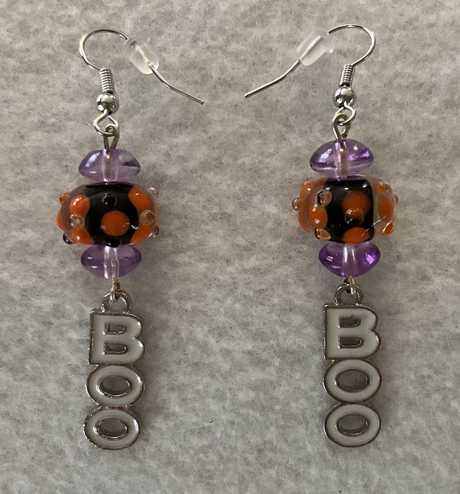 Halloween Black & Orange LampWork Glass Polka Dots “BOO” Drop/Dangle Earrings