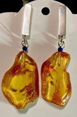 Handmade Natural Amber Freeform Sapphire Bead Dangle Earrings Silver 925 Post 2”