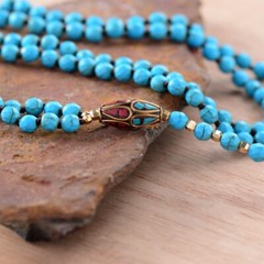 Turquoise Howlite Gemstone Necklace Handmade Boho Gold Beads Gift for Her