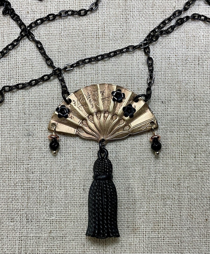 Asian style Necklace- Vintage Brass Fan, Black Acrylic Flowers & Tassel, 18”