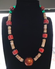 Tribal Copper Red Striped Glass Trade Beaded Natural Wood Necklace