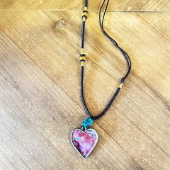 Handmade Resin Heart Pendant with Marbled Paper & Turquoise Bead by Art Story