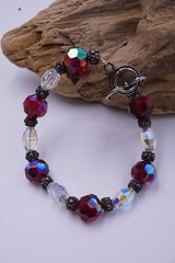 Handmade Sterling Silver Faceted Crystal Red and White Bead Bracelet 6.75″ Wrist