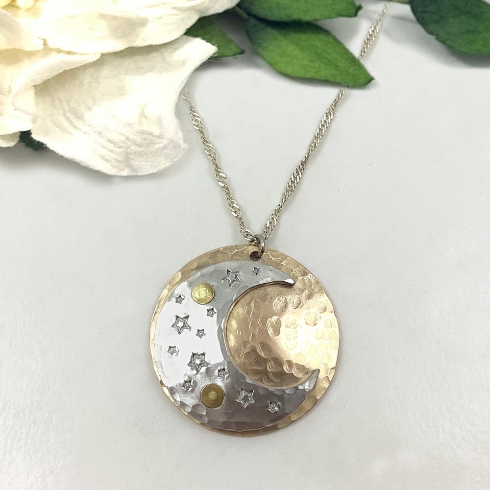 Dreamy Sun Moon and Stars Necklace, mixed metal, handmade, hammered, artisan