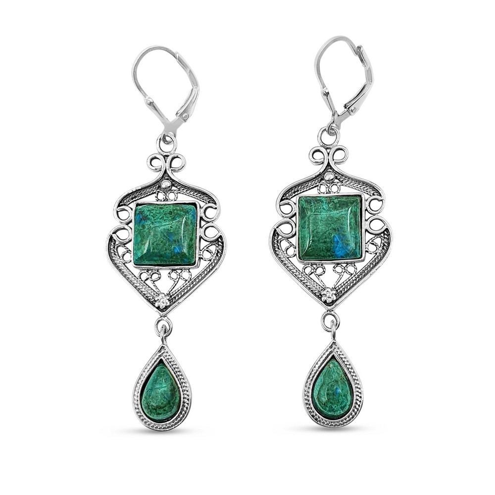 Sterling Silver Eilat King Solomon Stone Yemenite Filigree Square Drop Earrings