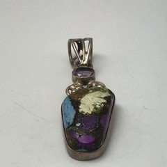 Copper Turquoise Multicolored Pendant With Amethyst Accents Set In 925 Sterling