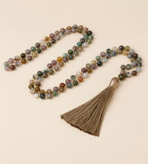 Agate Natural Stone 108 Beaded Mala Necklace with Gold Tassel – 21″ *NEW*