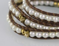 Chan Luu Sterling Silver 925 Fresh Water Pearl Skull Brown Leather Wrap Bracelet