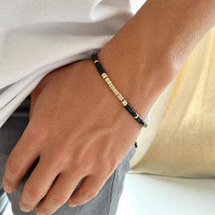 4mm Black Onyx & 14k Solid Gold Heishi Bracelet, Minimalist Layering Jewelry