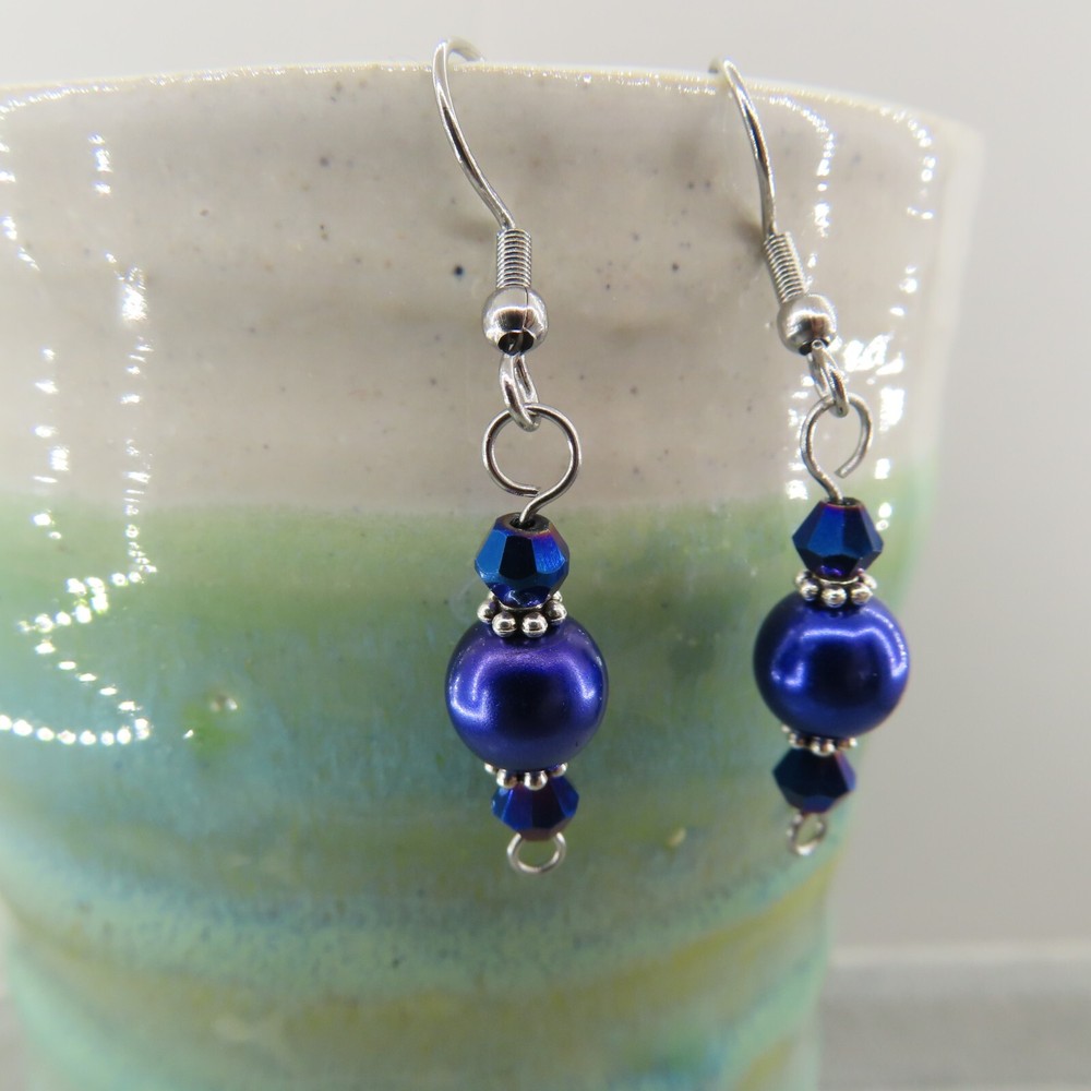 SAPPHIRE BLUE Dangle Earrings Czech Glass Pearl Bead Crystal Silver Tone Gift