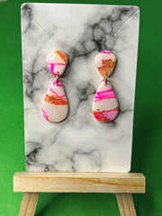 Handcrafted Teardrop Dangle Earrings Polymer Clay Pink White Gold Marbled