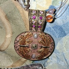 Handcrafted Beaded Pendant Necklace, Oval Glass Charm, Red Purple Brass