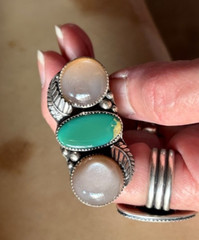Royston Turquoise and Peach Moonstone 3 stone Ring/size 7.75/Artisan Handmade