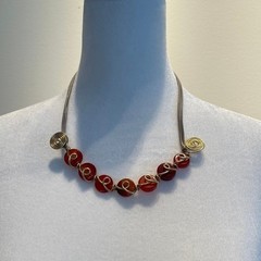 Artisan Wire Wrapped Red Bead Statement Necklace Gold Tone Bib Boho Jewelry
