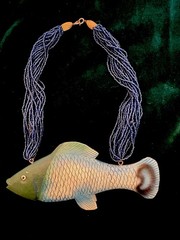 Vintage Handcrafted Blue Green Beaded Necklace Wood Fish Charm Pendant Necklace