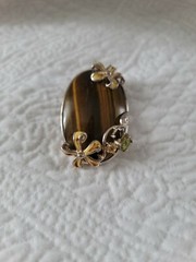 1970’s Tigers Eye Pendant in Sterling with Enamel Flowers & Gems