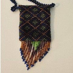 Vintage Artisan Fringed Tribal Seed Bead Necklace Pouch Diamond Pattern