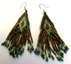 Handcrafted Diamond-Shaped Seed Bead Pattern Earrings Bronze Green Aqua Colors