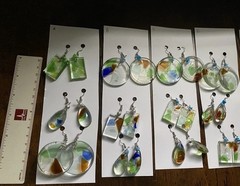 3 Pairs Resin Multicolor Beach Glass Silver Plated Dangle Lobe Earrings w Beads